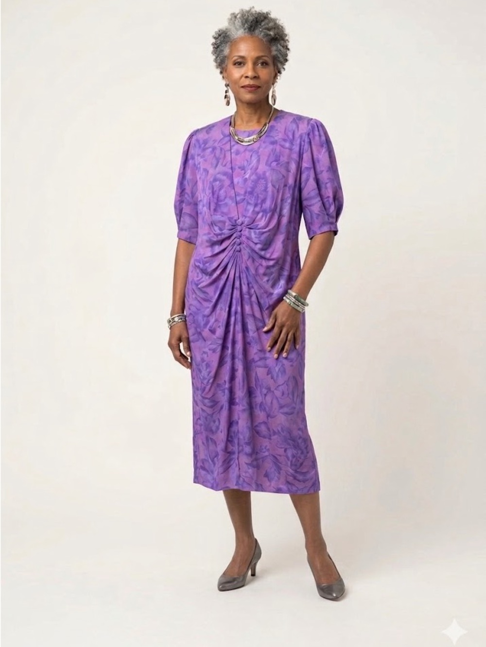 100% Silk Dress Vintage Nora‎ Noh Ruched Gathered Slimming Vintage Korea Modest